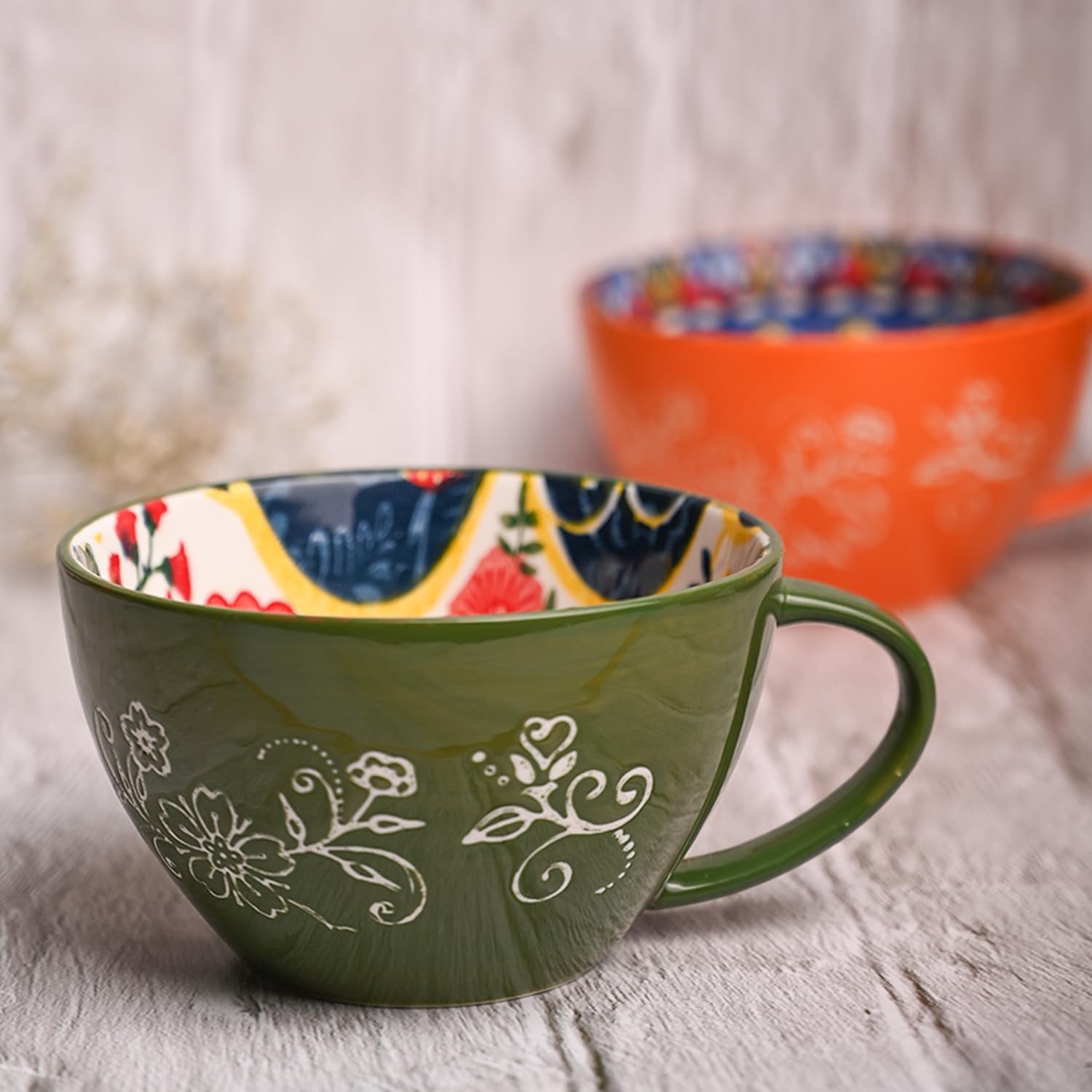 MARKET 99 Green Floral 480ml Cup | Cup for Coffee, Tea and Milk | Microwave Safe Cup Set |Home and Travel | Chip Resistant | Birthday Gift | Gift to Your Loved Ones On Any Occassions