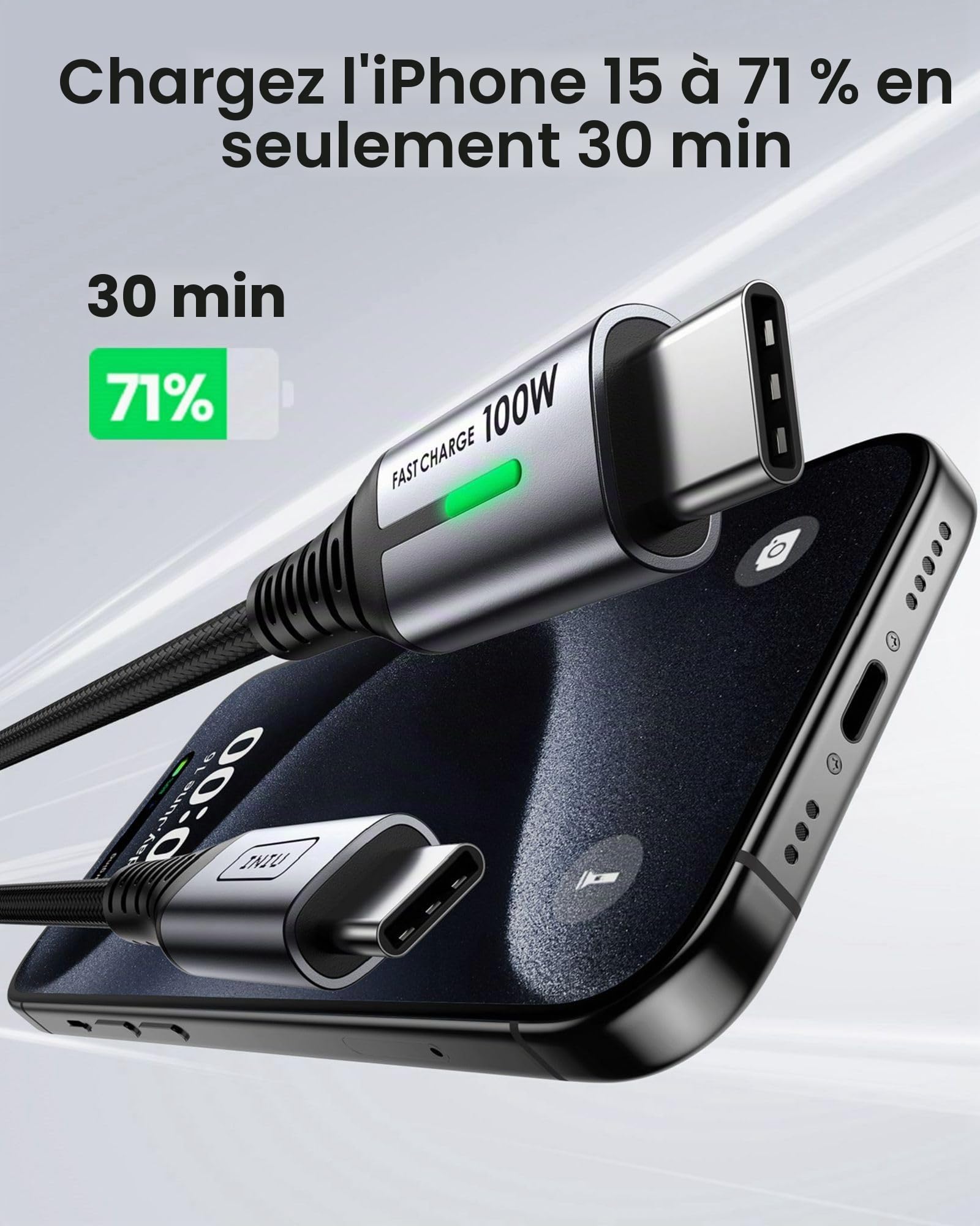 INIU Batterie Externe, 140W Power Bank 27000mAh, Batterie Portable USB C Input & Out & Câble USB C, 2m 100W PD 5A Cable USB C Charge Rapide QC 4.0 Chargeur Type C Nylon Tressé