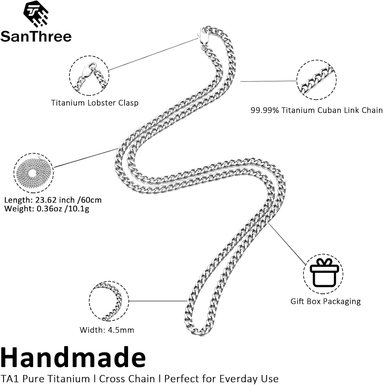 SanThree 4.5mm Pure Titanium Cuban Link Chain Necklaces for Men, Hand Polished Skin Friendly Shinny Solid Titanium Curb Twist Chain Necklace for Women Sensitive Skin Valentines Birthday Gifts - Image 3