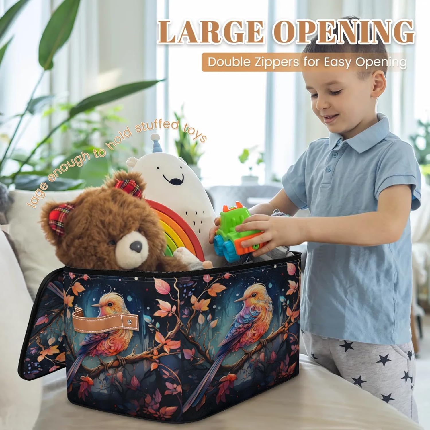 Storage Bin Set of 2 Rainbow Branch Bird Storage Basket with Zipper Lid & Handle Foldable Closet Shelf 2 Pack Cloth Organizer Basket Cube Bins Clothes Organizer for Nursery, Bedroom