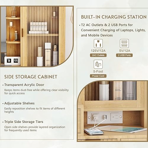 Miniatura 6 de Escritorio de tocador de madera de 49 pulgadas con espejo y luces, mesa de tocador de maquillaje acanalada bohemia con parte superior de vidrio