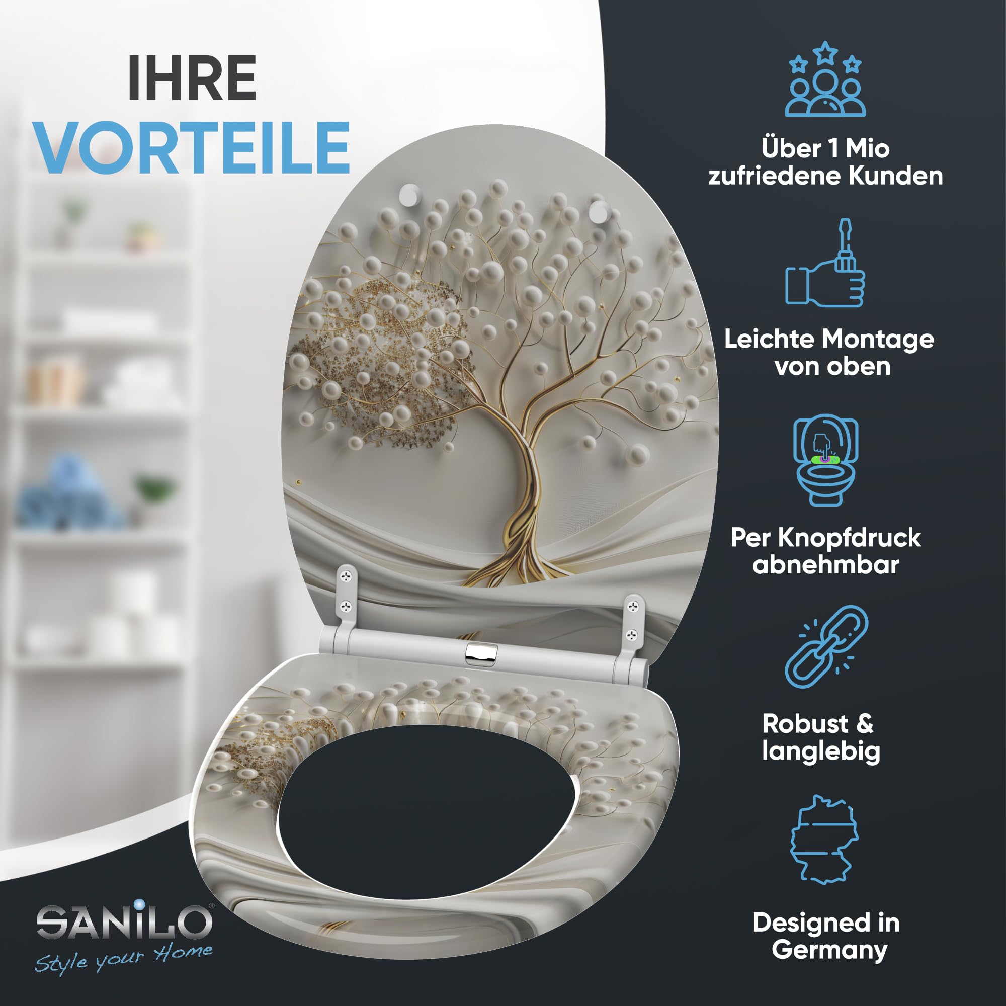 Sanilo WC Sitz mit Absenkautomatik & Schnellverschluss, Toilettendeckel per Knopfdruck abnehmbar, einfache Montage von oben (Tree of Life)