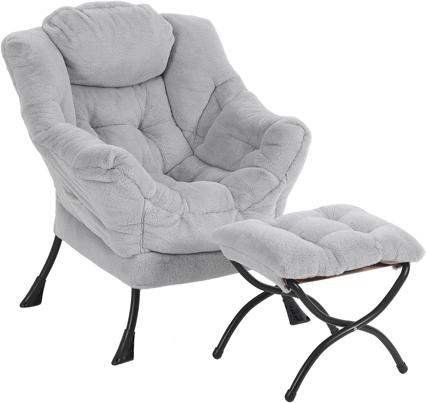 Lazy Chair with Ottoman, Modern Accent Chair with Armrests and a Side Pocket, Plush Grey Accent Chairs, Reading Chairs, Oversized Armchairs for Bedroom, Study, Living Room, Courtyard