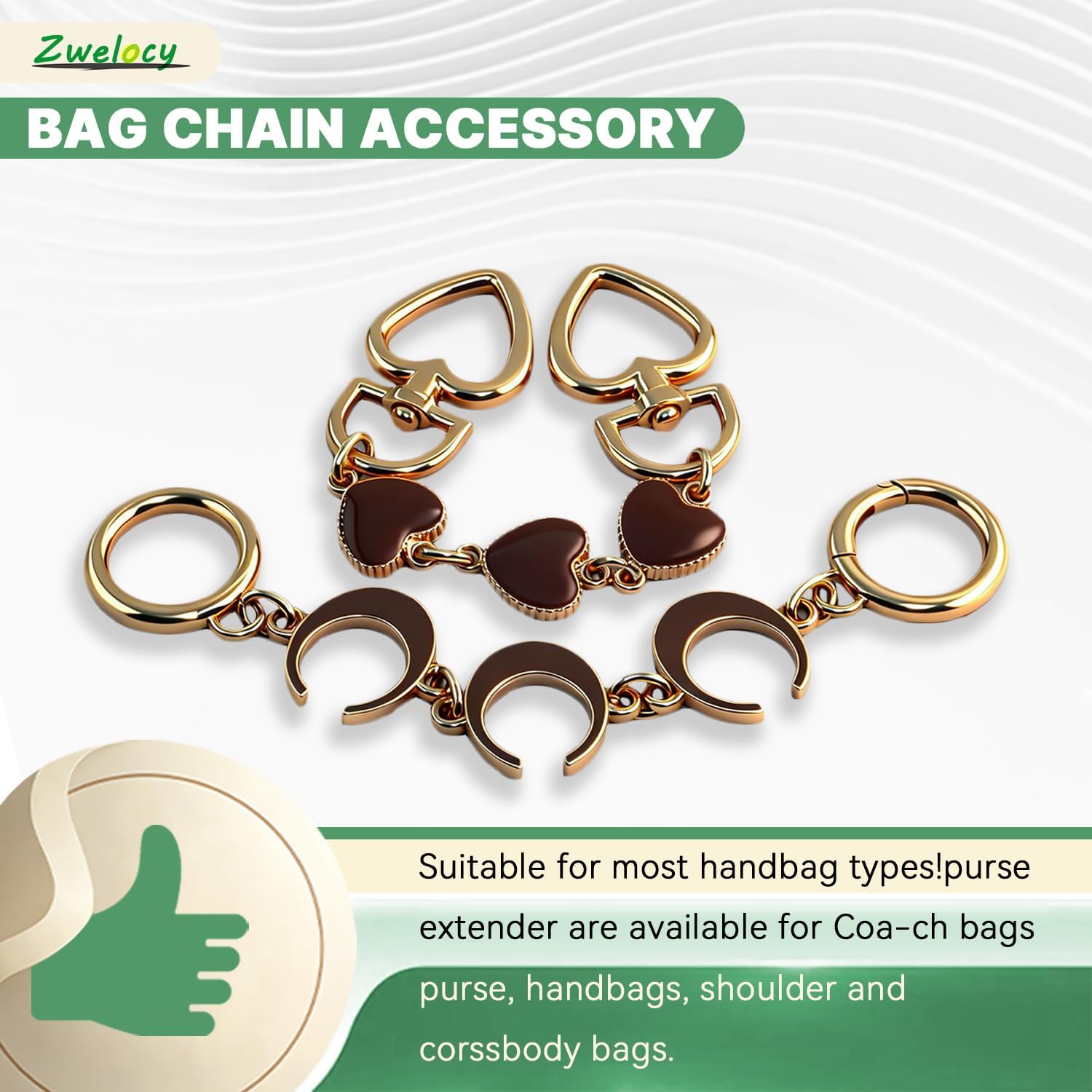 Bag Extender Chain Heart Moon（Coffee）2Pc Purse Strap Extenders for Handbags Purse Extender Chain Gold Chain Purse Strap Replacement White Purse Accessories Bag Charms for Handbags Purse image 5