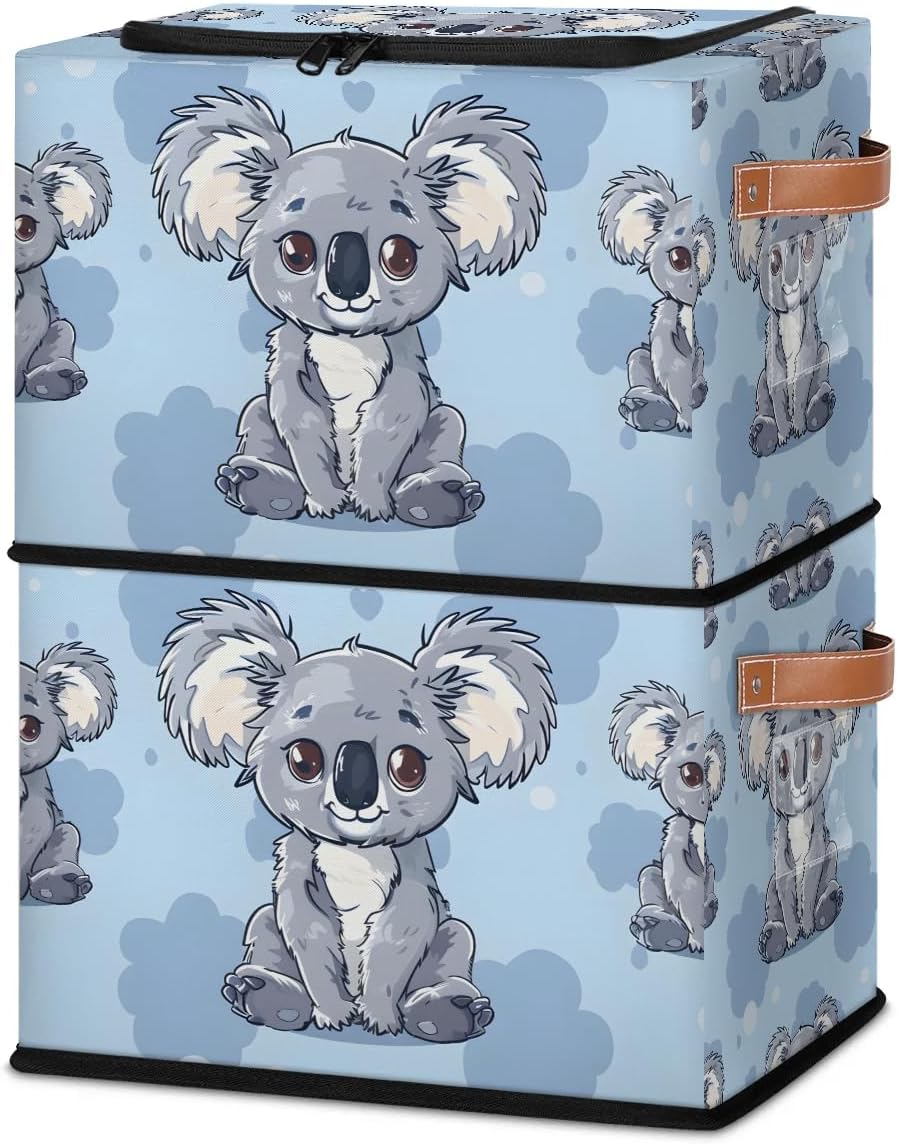 Blue Koala Storage Bins with Zipper Lid 2pcs Stackable Storage Baskets Boxes with Metal Frame Closet Storage Cube Bin Organizer with PU Handles Clothes Storage Bag