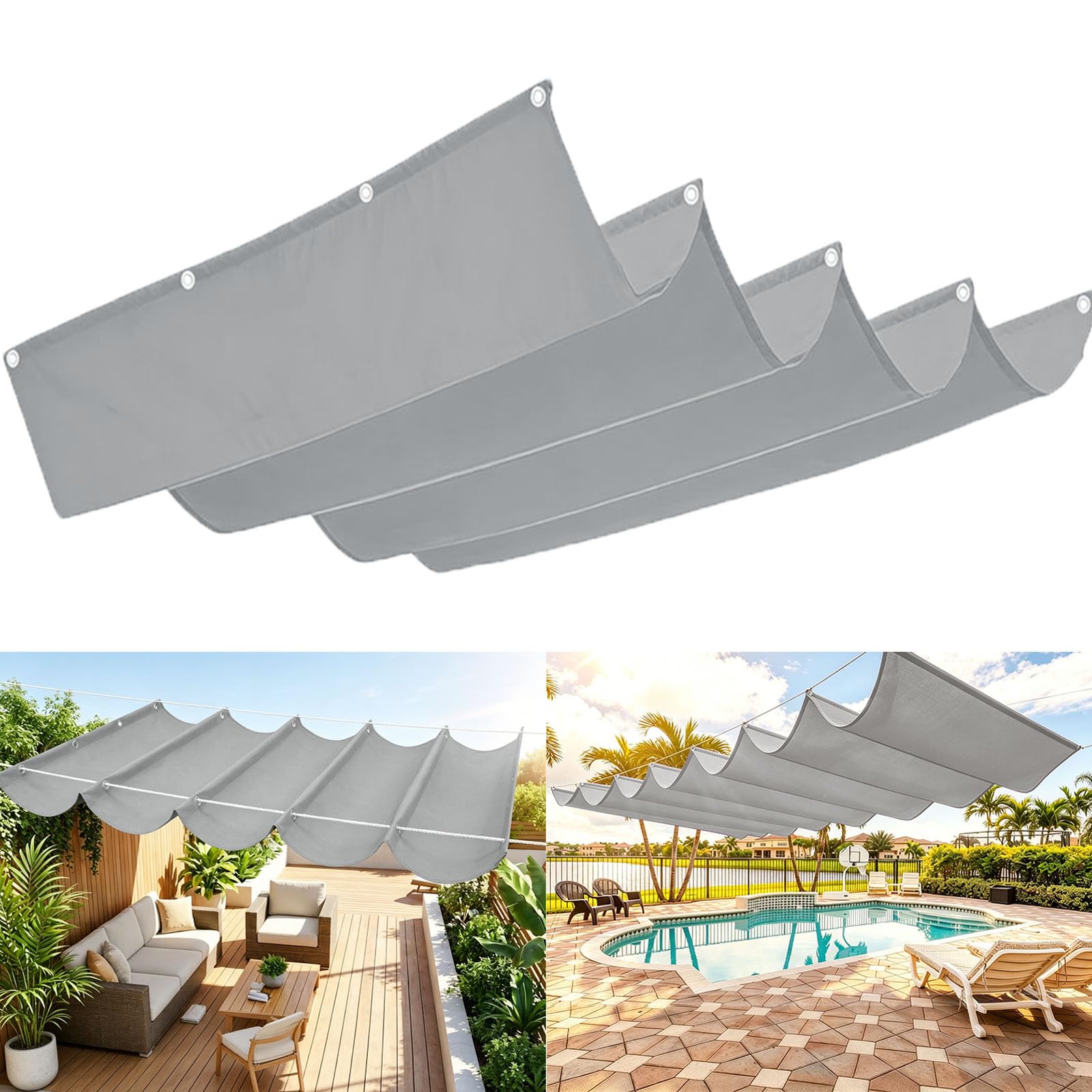 Retractable Wave Sun Shade Sail, Waterproof Awning Canopy, 95% UV Block Shade Canopy for Garden Outdoor Patio Party Pergola Balcony-Light Gray||200x500cm