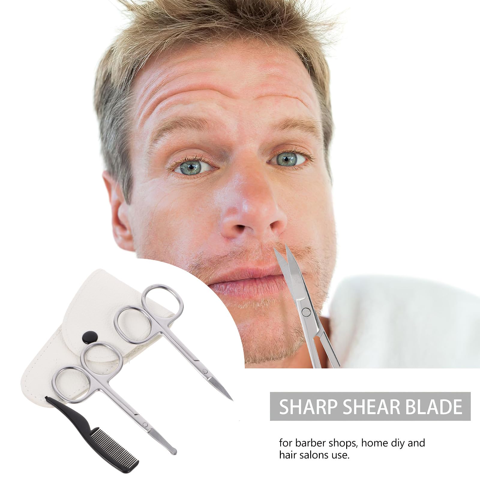 ULTECHNOVO Forbici per Barba 4 Pezzi in Acciaio Inossidabile Pettine Piccolo e Custodia in Pelle Bianca Kit per Rifinitura di Baffi, Naso e Orecchie per Uomini e Parrucchieri
