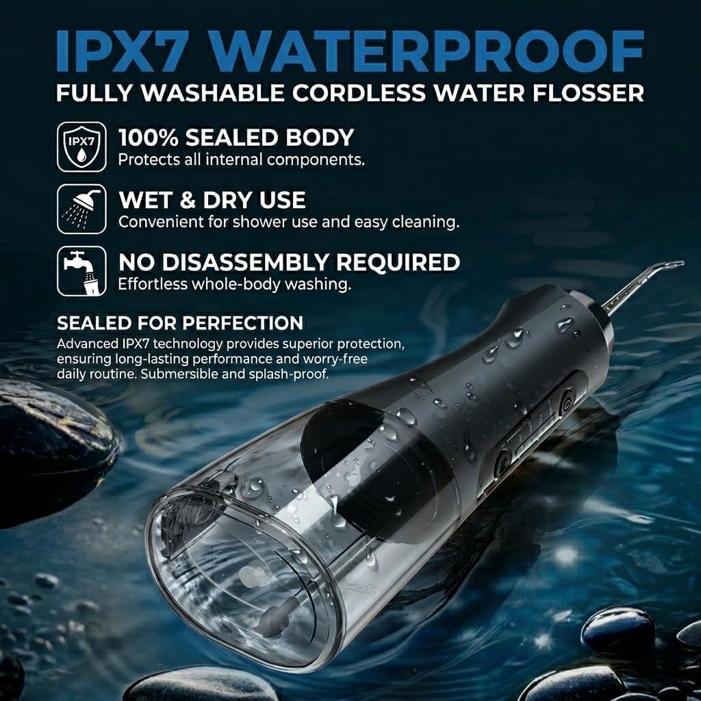 Professional Cordless Water Flosser for Teeth - 50-Day Battery Life & High Pressure Oral Irrigator, 320ML Detachable Tank, 4 Modes & 5 Jet Tips, IPX7 Waterproof Dental Pick, Braces, Travel