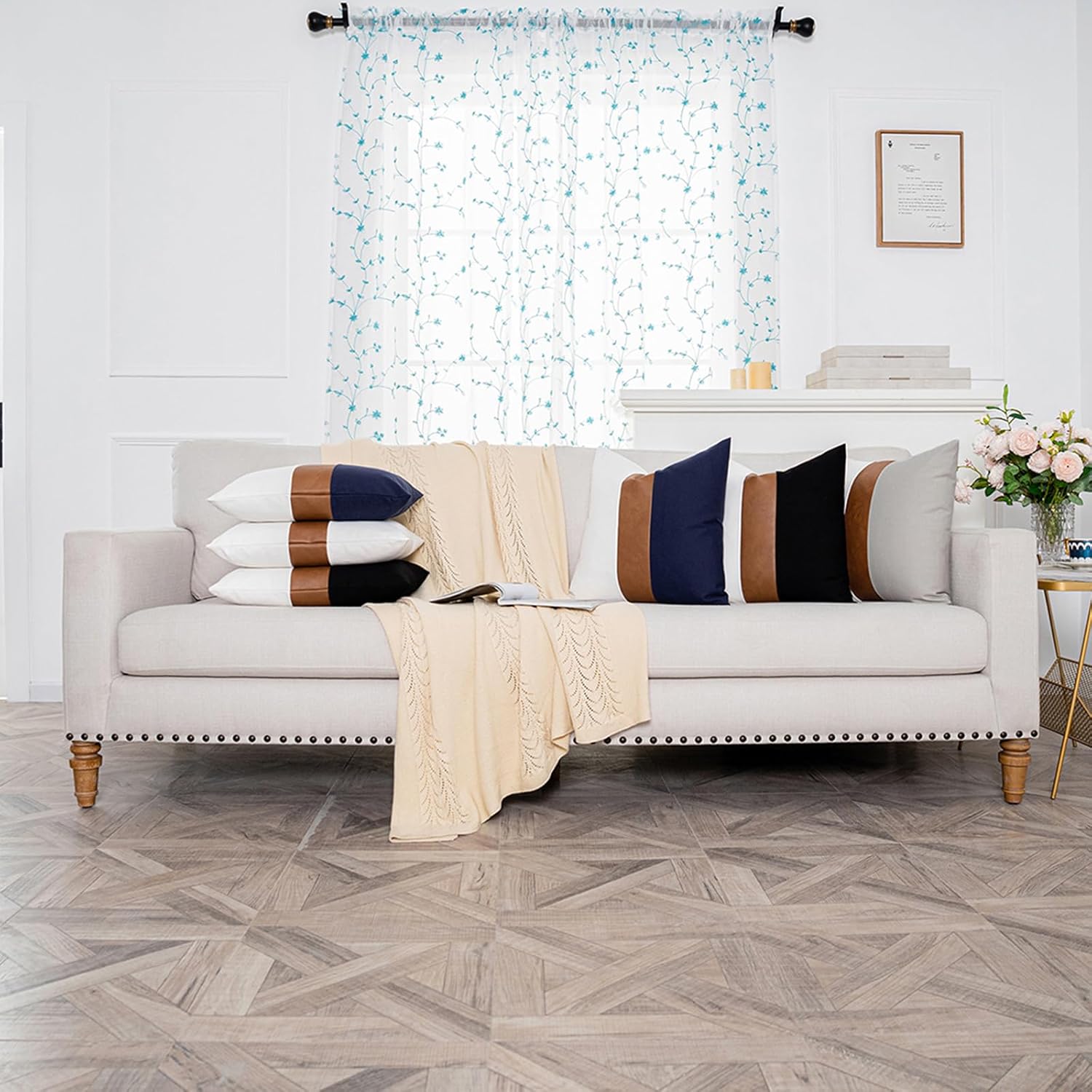 Pack of 2 Faux Leather and Cotton Patchwork Throw Pillow Covers 18x18 Inch Modern Accent Decor Cushion Case for Couch Living Room Bedroom, Farmhouse Rustic Pillowcase, Navy