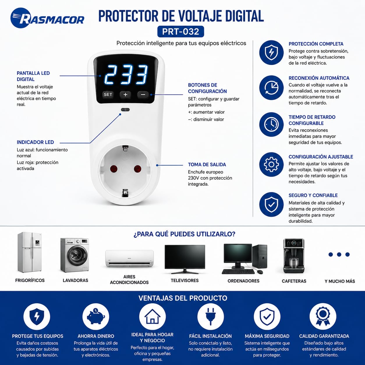 RASMACOR Protector de Voltaje Digital 16A 230V y 3680w con Enchufe | Protección contra Sobretensiones y Bajo Voltaje | Pantalla LED Digital para Electrodomésticos, Aire Acondicionado, Refrigerador
