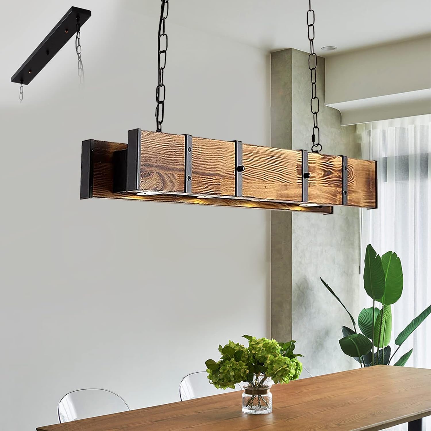 4-Light Wood Pool Table Light, 39" Rustic Wood Beam Chandelier Farmhouse Lighting Kitchen Island Lighting, Island Chandelier Industrial Wood Pendant Linear Chandelier for Dining Table,Bars, Billiard
