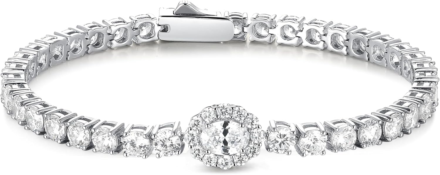 FANCIME Sterling Silver Cubic Zirconia Tennis Bracelets for Women Oval Halo CZ Bracelets Fine Jewelry Birthday Gifts for Women Her, 7"