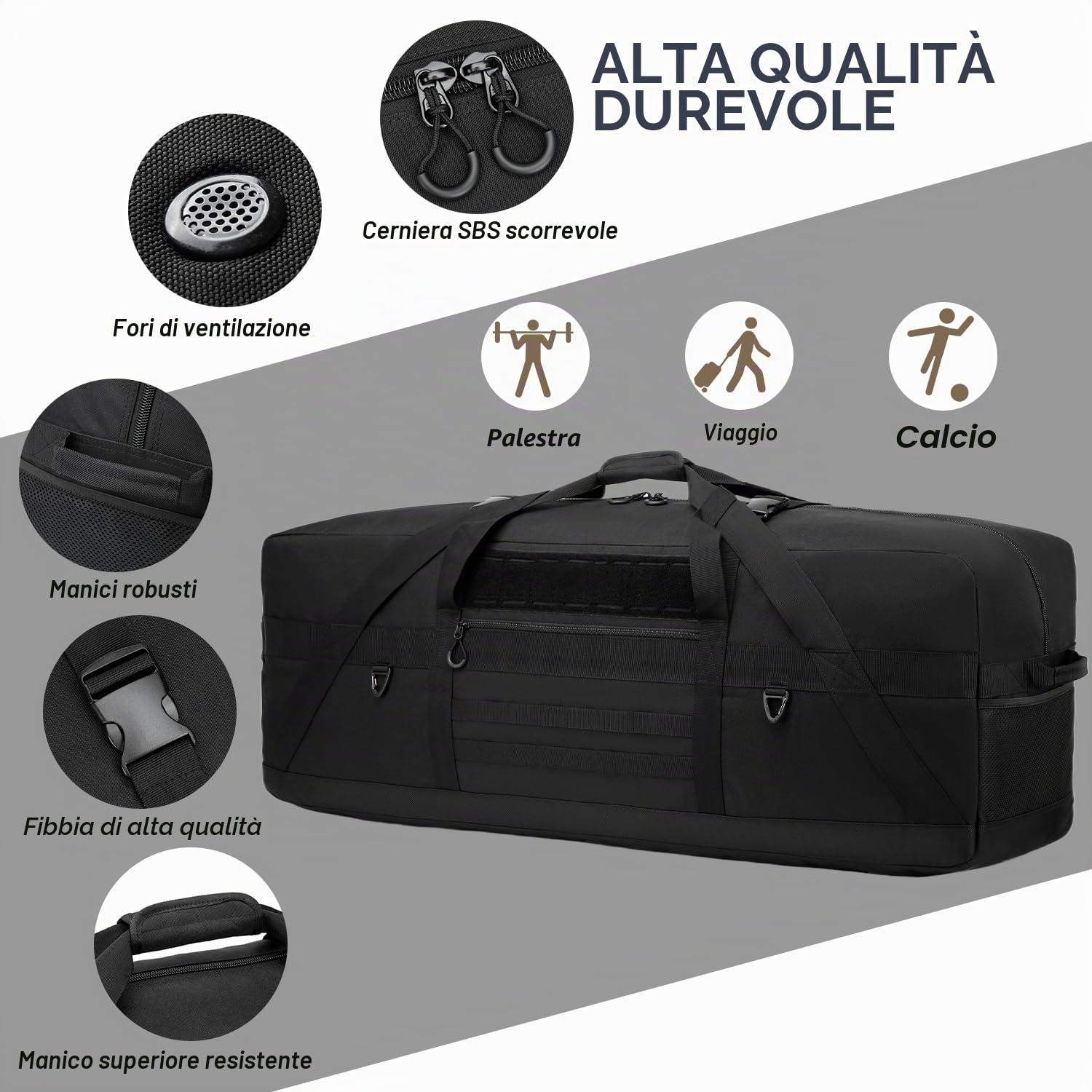 Borsa da viaggio da 125 l, grande borsa sportiva da uomo, borsa da allenamento, XXL, per sauna, fitness, weekender campeggio, Nero , sporttasche 125L, Classico