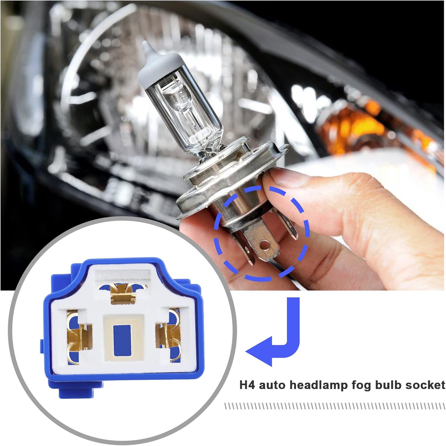 4Pcs 3 Pin H4 Headlight Sockets Replacement 3 Pin Connector Plug Socket 90 Degree Headlight Harness Connector with 12x Terminals Car Accessories 55 W Blue