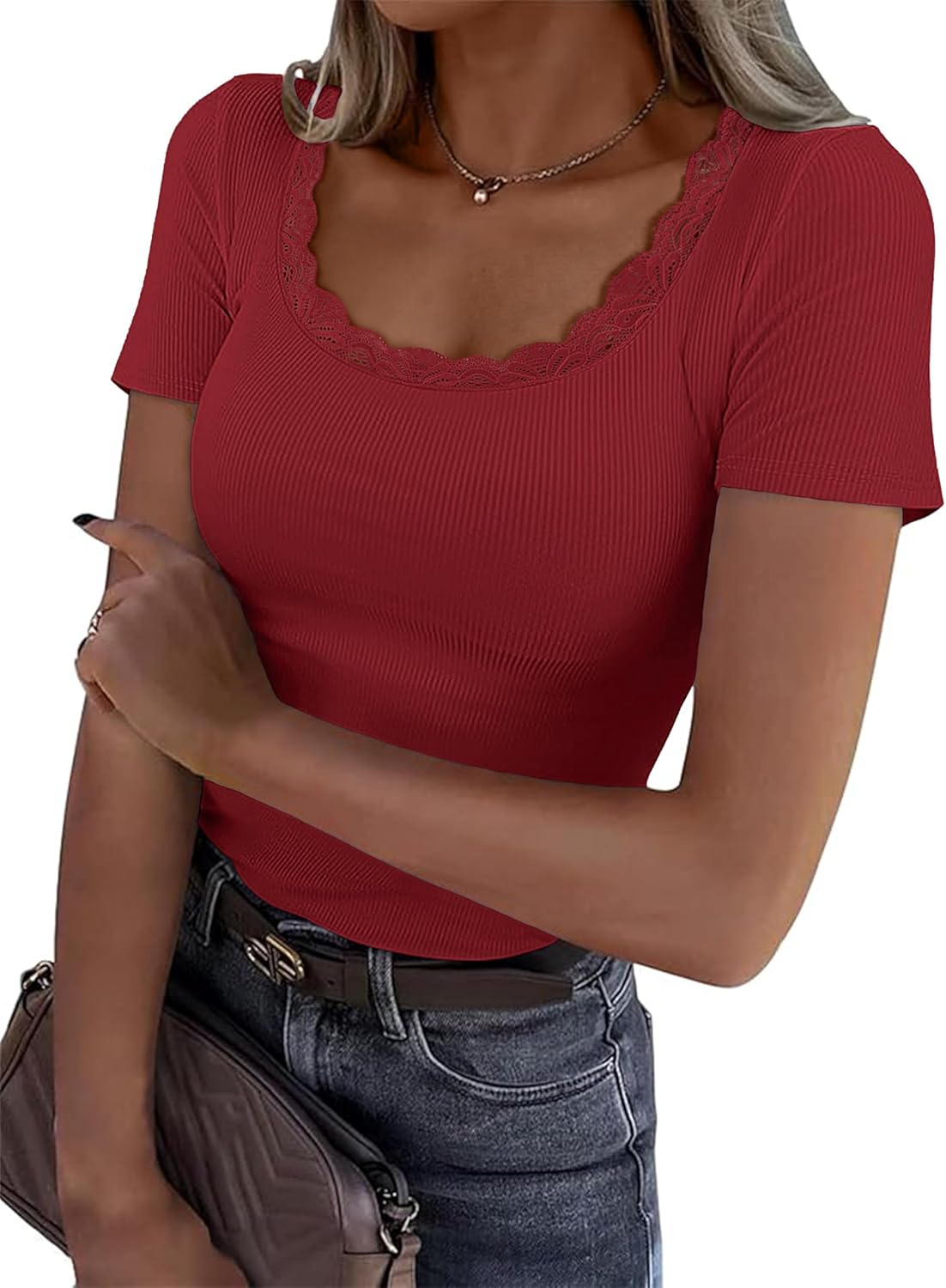 Women's Short Sleeve Tops Scoop Neck Lace Trim Ribbed Fitted Tight Shirts Casual Basic Tee Spring Clothes 2026 Trendy