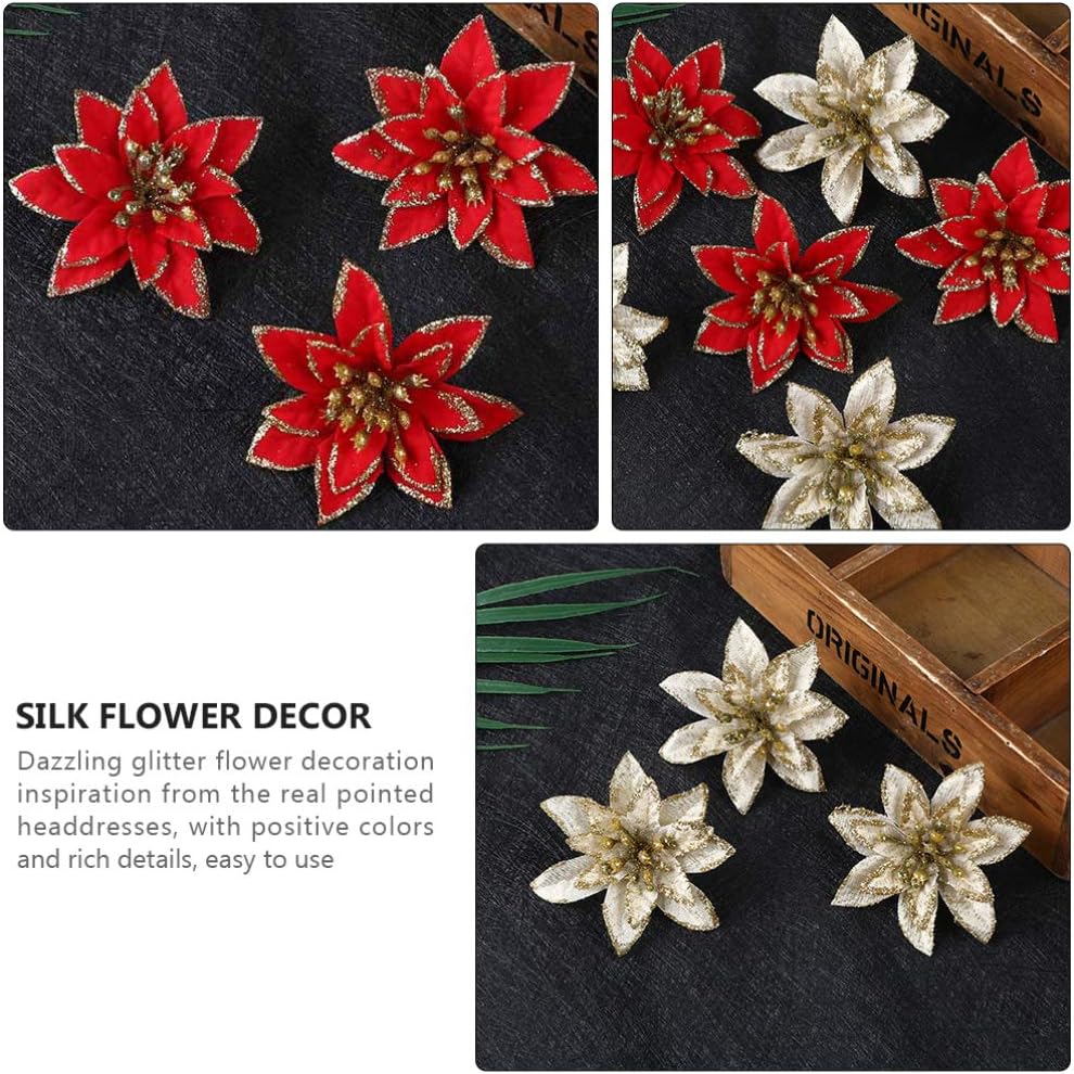 TOYANDONA 24pcs Christmas Glitter Poinsettia Flowers Poinsettia Bush Artificial Flowers Decorative Wreath Flowers for Xmas Wreath Christmas Tree New Year Ornaments - Image 3
