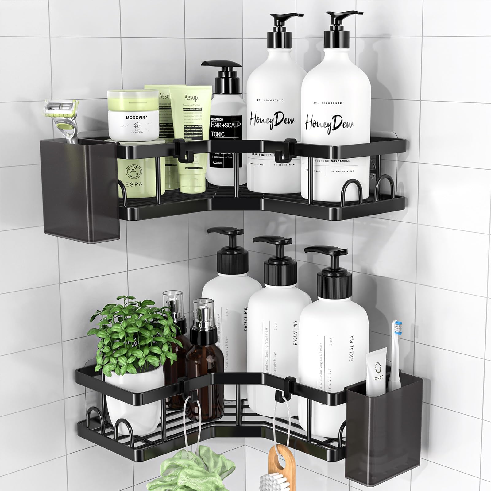 Corner Shower Caddy 2 Pack,Bathroom Storage No Drilling,Shower Storage with Soap Holder&Hooks&Toothpaste Holders,Bathroom or Kitchen,Rustproof Stainless Steel Suction Bathroom Accessories,Black