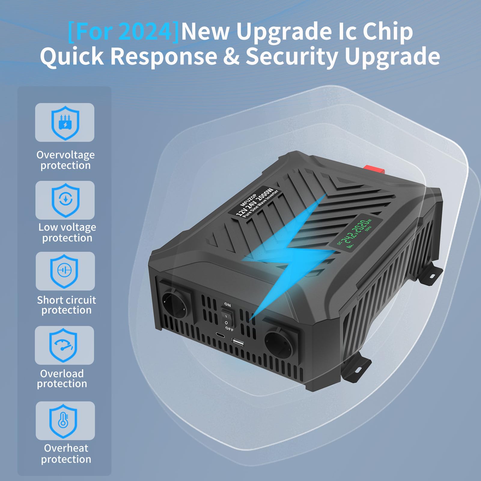 MFUZOP Inverter Onda Sinusoidale Pura 2000W/4000W Power Inverter DC 12V/24V a AC 220V/230V Convertitore con 2 prese AC, 1 porta Type-C, 1 porta USB 5V 2.1A & LCD-Display(12V/24V-2000W)