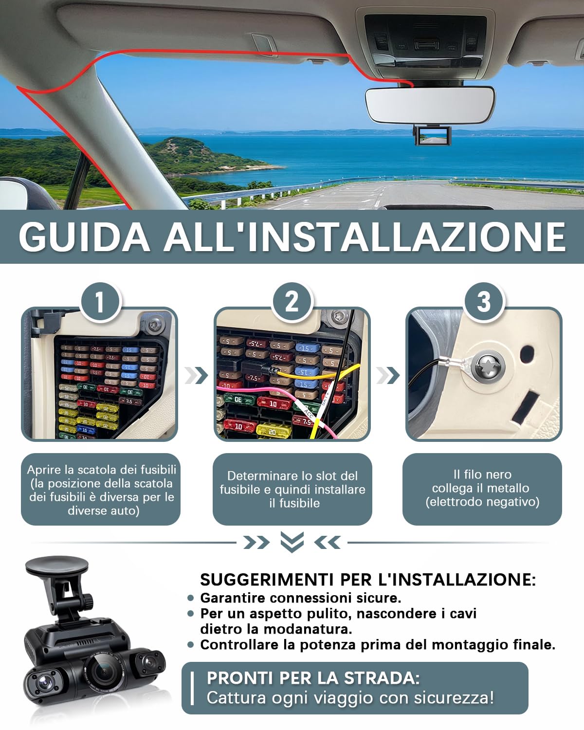 Kit Cablaggio USB-C, Dash Cam Hardwire Kit 4m/13.12ft 12V/24V a 5V/2.5A Auto Cavo di Ricarica Kit con Strumento di Installazione cavo di alimentazione