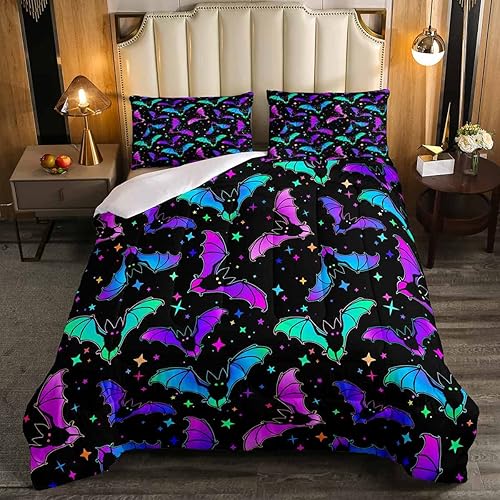 Feelyou Juego de ropa de cama con diseño de murciélagos, color verde azulado y morado, juego de edredón degradado para niños y niñas, 2 fundas de