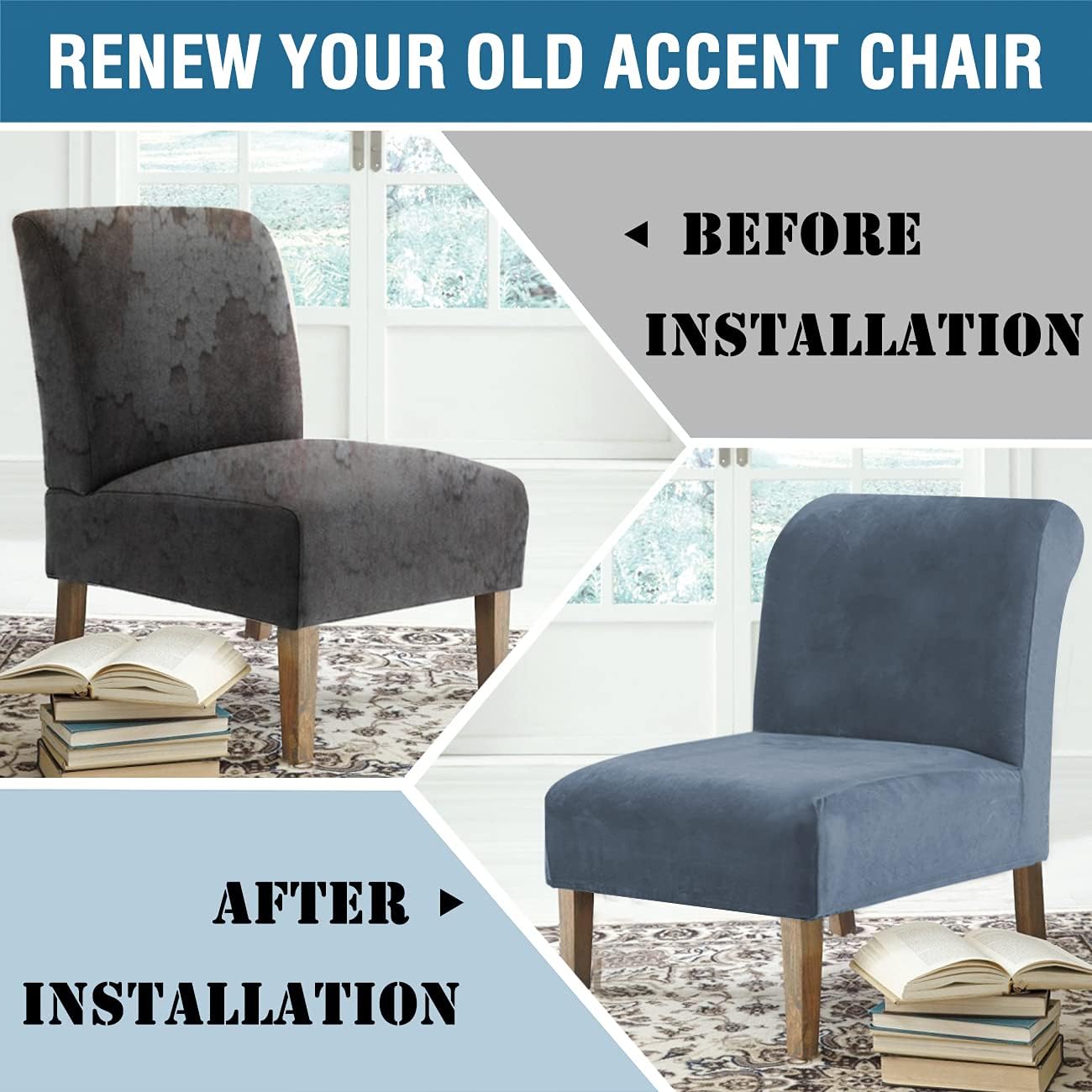 H.VERSAILTEX Armless Accent Chair Covers Thick Velvet Armless Chair Slipcovers High Stretch Chair Covers for Living Room Hotel Furniture Protector with Elastic Bottom(Small, Stone Blue)