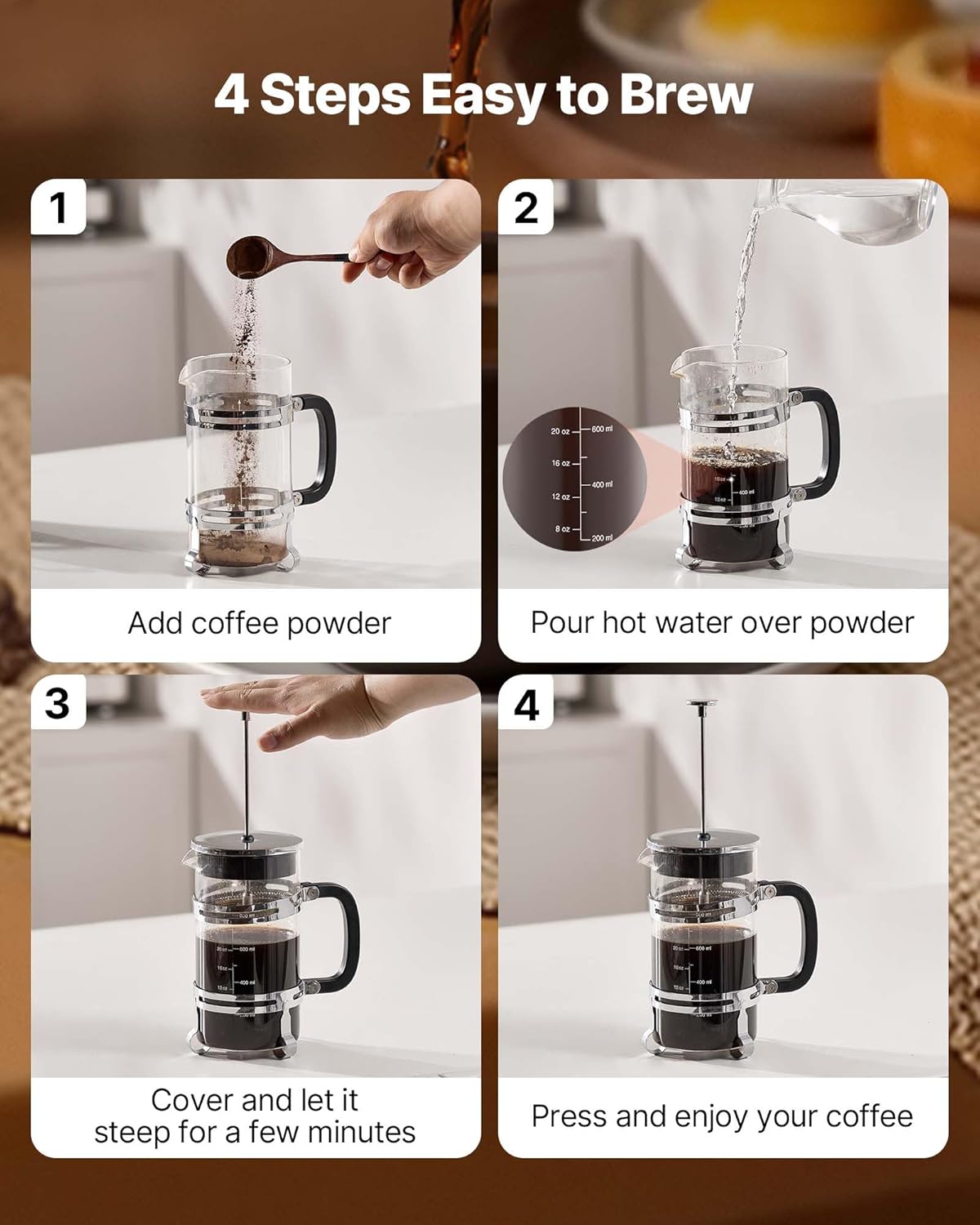 VEVOR French Press Coffee Maker, 34 Ounce 1 Liter Borosilicate Glass Coffee Press Tea Maker with Stainless Steel Filter, Large Glass French Presses Cold Brew for Camping Travel Home Kitchen, Silver