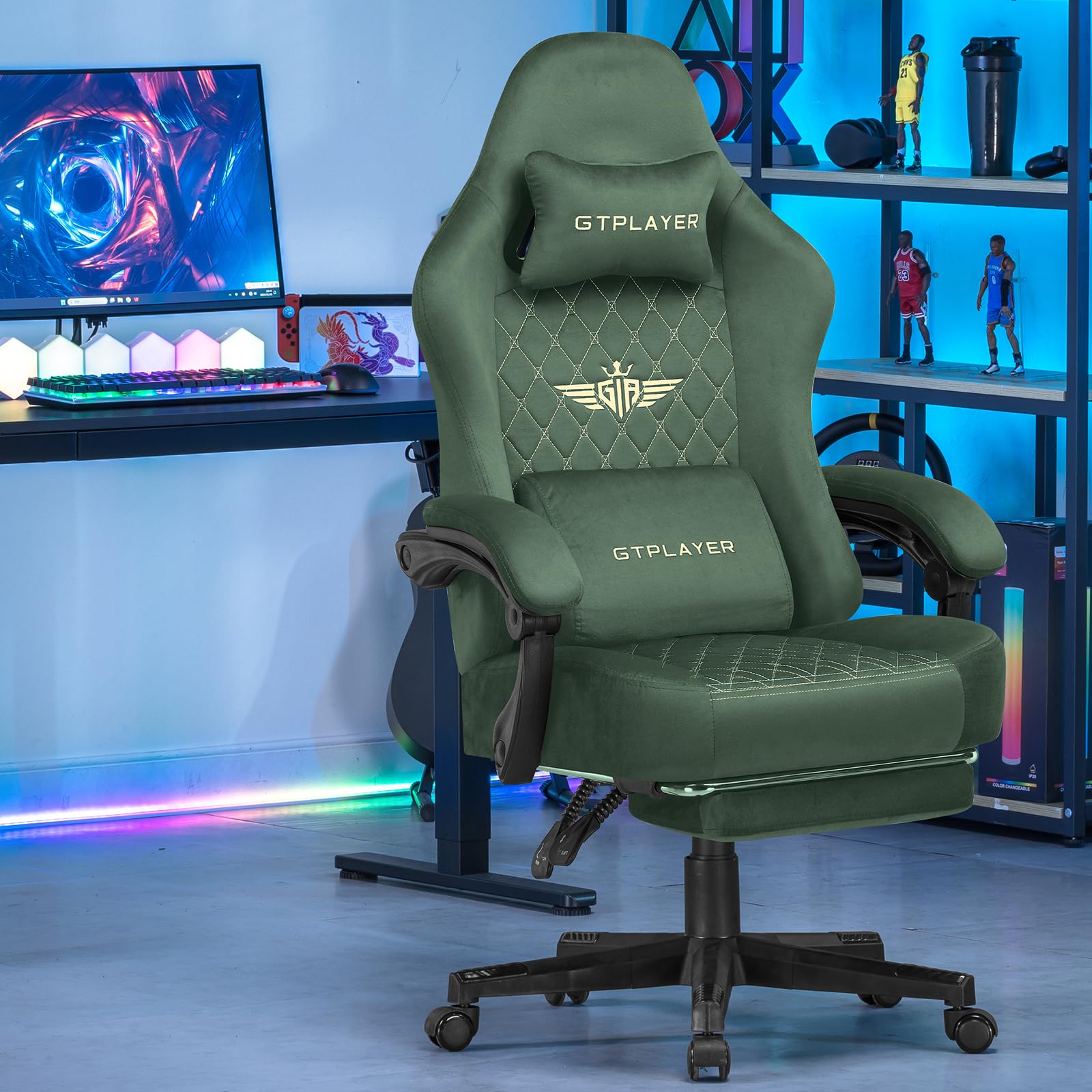 GTPLAYER Sedia Gaming Poltrona Gaming Tessuto Sedia Gamer Ergonomica Ufficio Sedia PC 150 kg Sedia da tavolo regolabile e girevole con Cuscino di seduta a Molle e Poggiapiedi, Verde