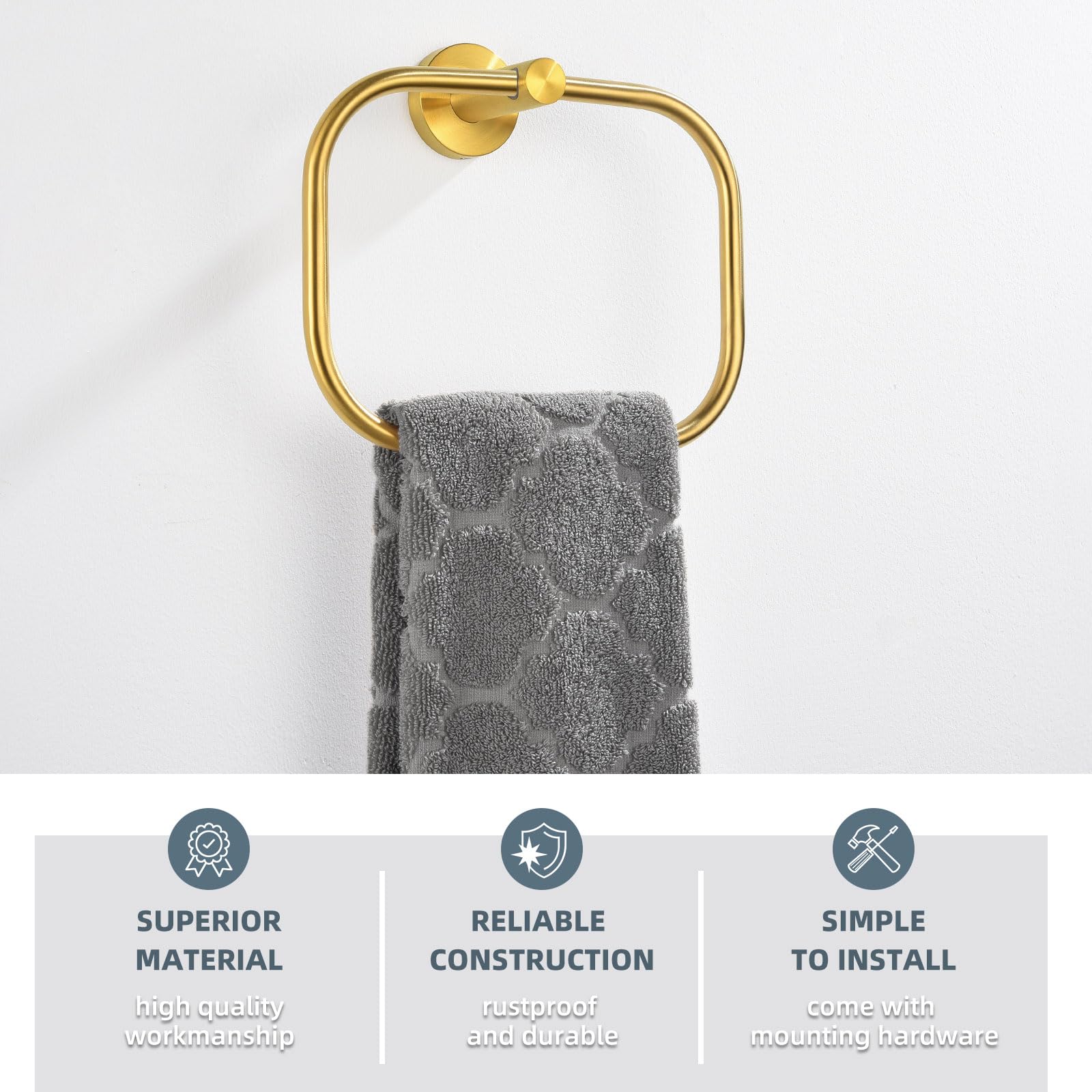 Angle Simple Swivel Towel Ring, SUS 304 Stainless Steel Hand Towel Holder Hanger for Bathroom Wall Brushed Gold - Image 3
