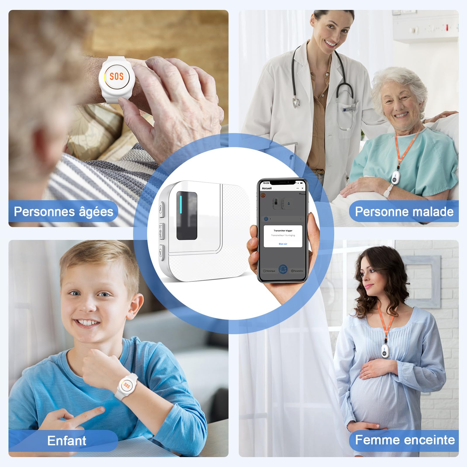Daytech WiFi Tuya Intelligent Bracelet Alarme Personne Agee,Bouton Alarme Personne Agee,A Utiliser Lorsque Les Personnes âgées Ont Besoin d'aide (Blanc 2-1, 2 émetteurs + 1 récepteur)