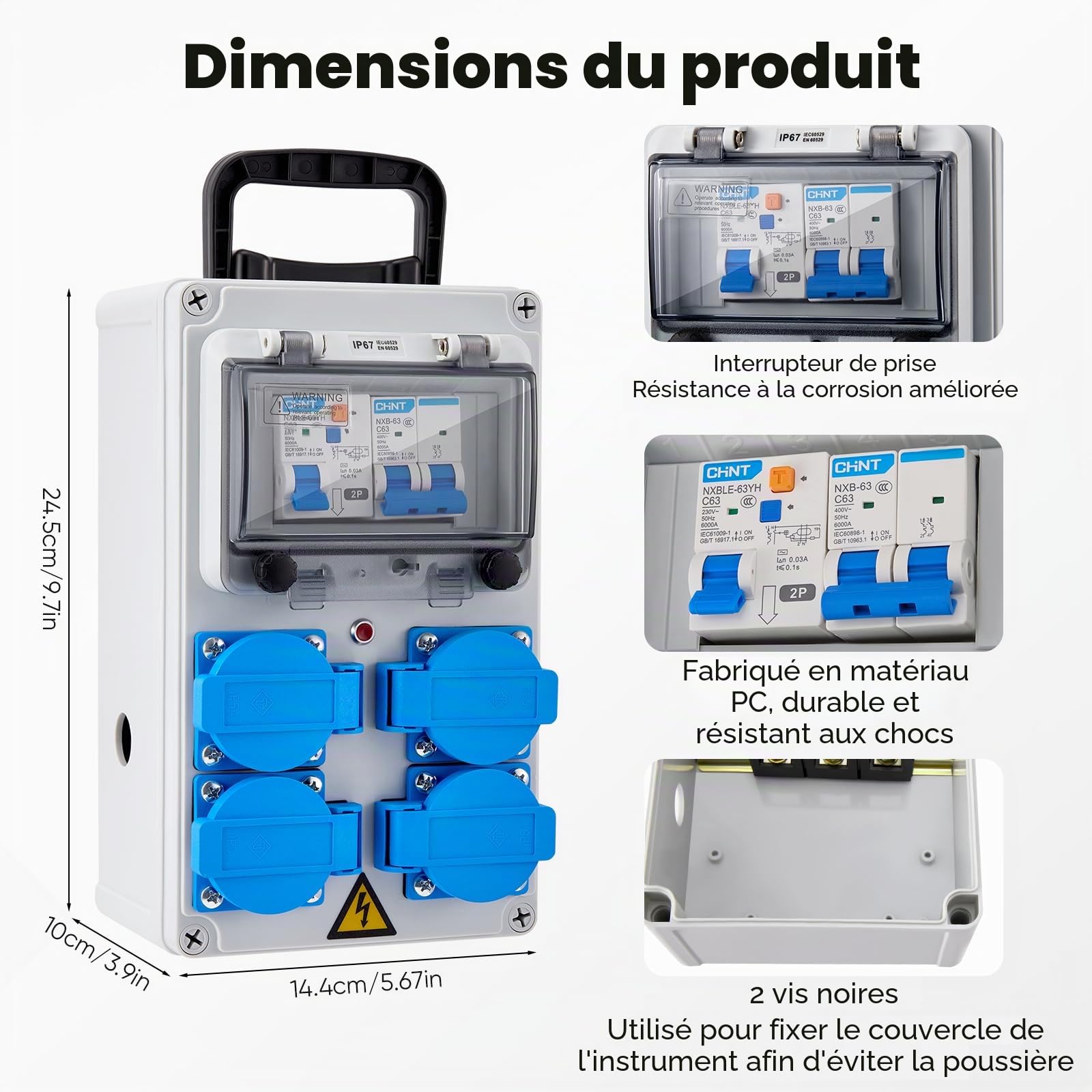 Coffret Électrique de Chantier 230 V, IP67 16A Coffret Chantier Répartiteur Mural avec Disjoncteur, Répartiteur de Courant 16A Distributeur de Courant Électrique avec Disjoncteur Coffret Chantier