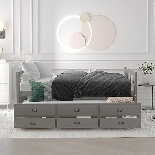 Miniatura 3 de Harper & Bright Designs Sofá cama de tamaño matrimonial con nido y cajones, cama de capitán con almacenamiento, marco de cama de plataforma