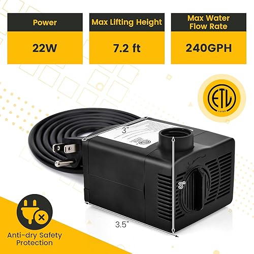 Miniatura 7 de Goplus Bomba de agua sumergible de 240 GPH (900 LH, 22 W), bomba de agua ultra silenciosa con elevación de 7.2 pies de alto, cable de alimentación