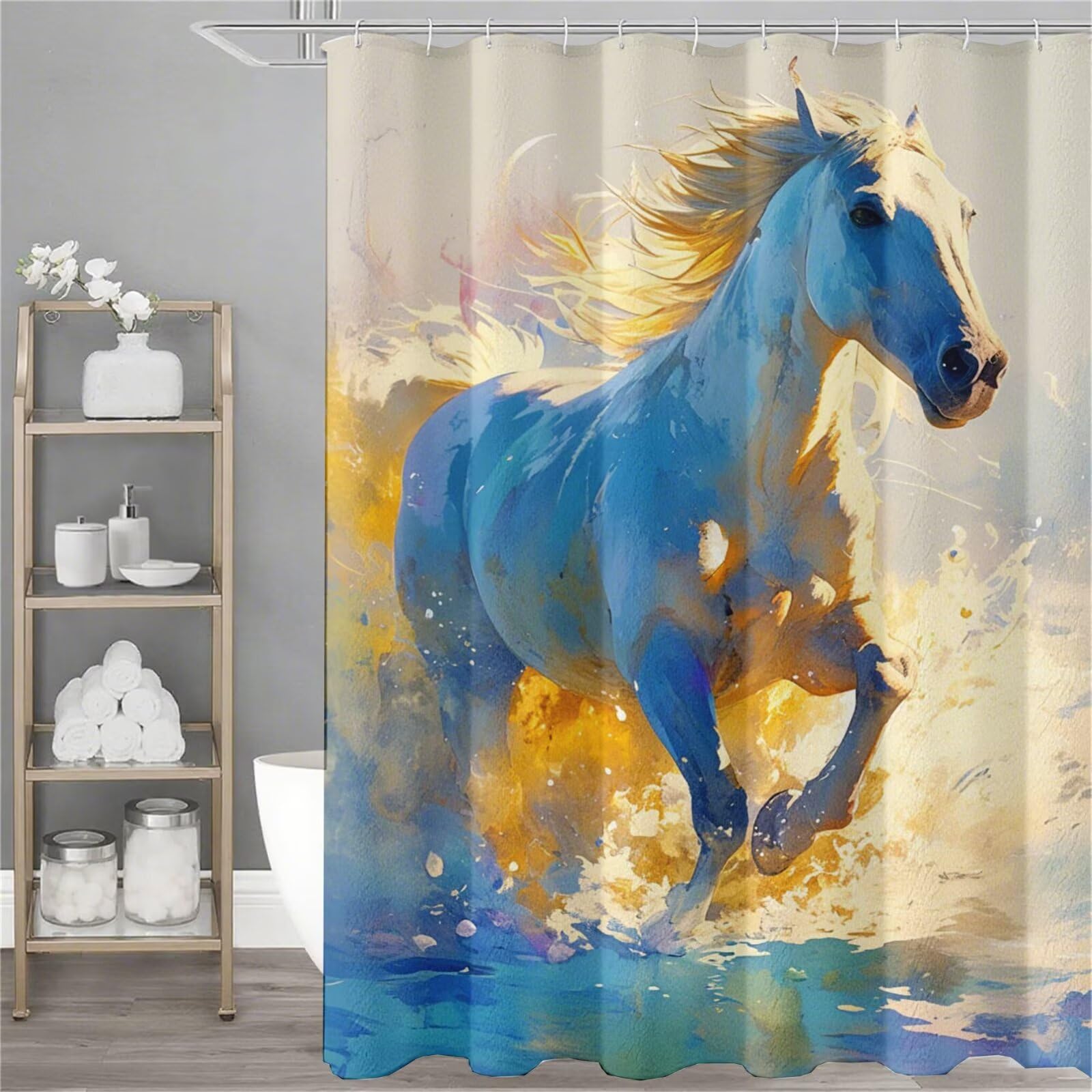 Rideau de douche cheval imperméable lavable 150x180 avec ourlet lesté et 12 crochets