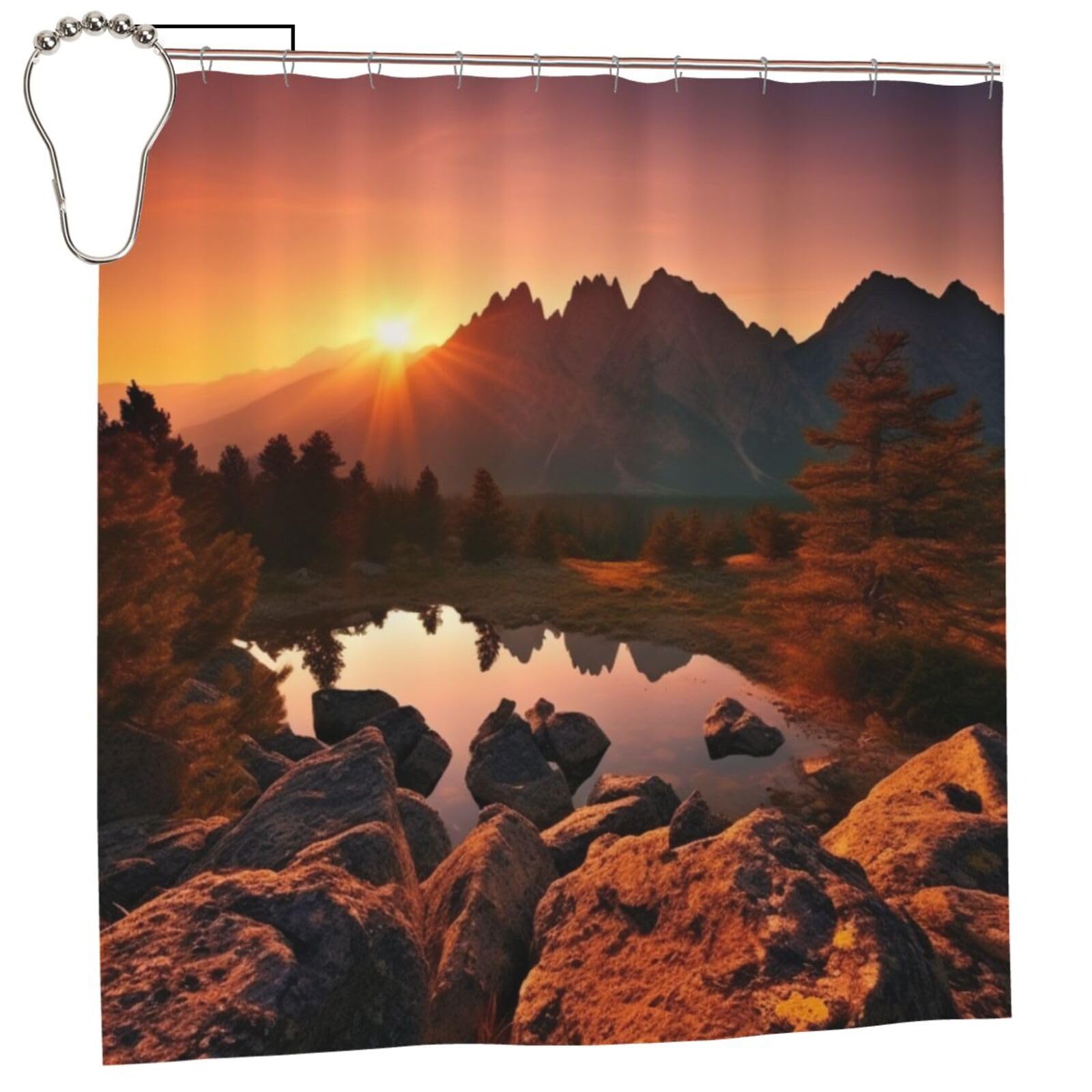 BWWHCCTI Mountain view at sunrise Printed Shower Curtain With 12 Iron Hooks Opaque Quick Drying Waterproof Shower Curtains Sets For Bathroom 183x183 CM