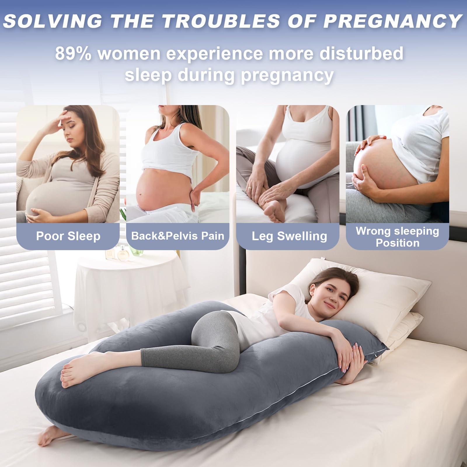 Coussin de Grossesse, Coussin d'allaitement, Oreiller de Grossesse en Forme de J pour Femme Enceinte avec Housse en Velours Amovible, Coussin de Maternité et Corps pour Dormir (Violet Foncé)