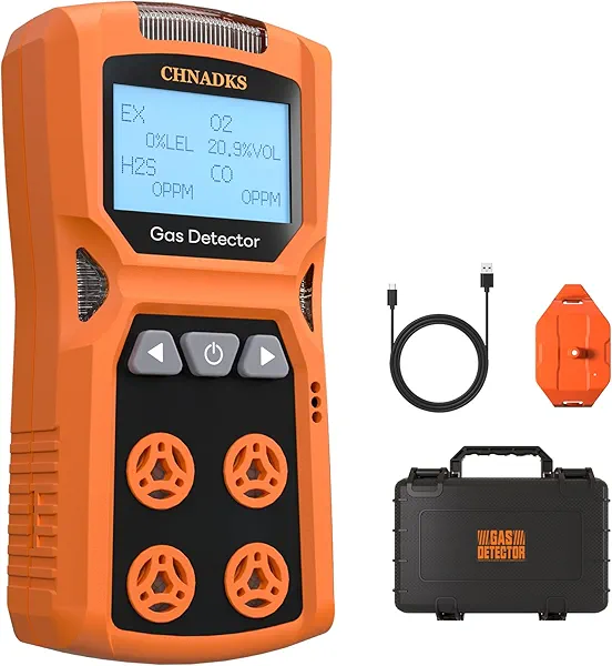 CHNADKS ADKS-4 Gas Detector, 4 Gas Monitor H2S,O2,CO and LEL Multiple Indicator with Vibration, Audible, Visual 4 Gas Monitor Personal Rechargeable Gas Sniffer Alarm with LCD
