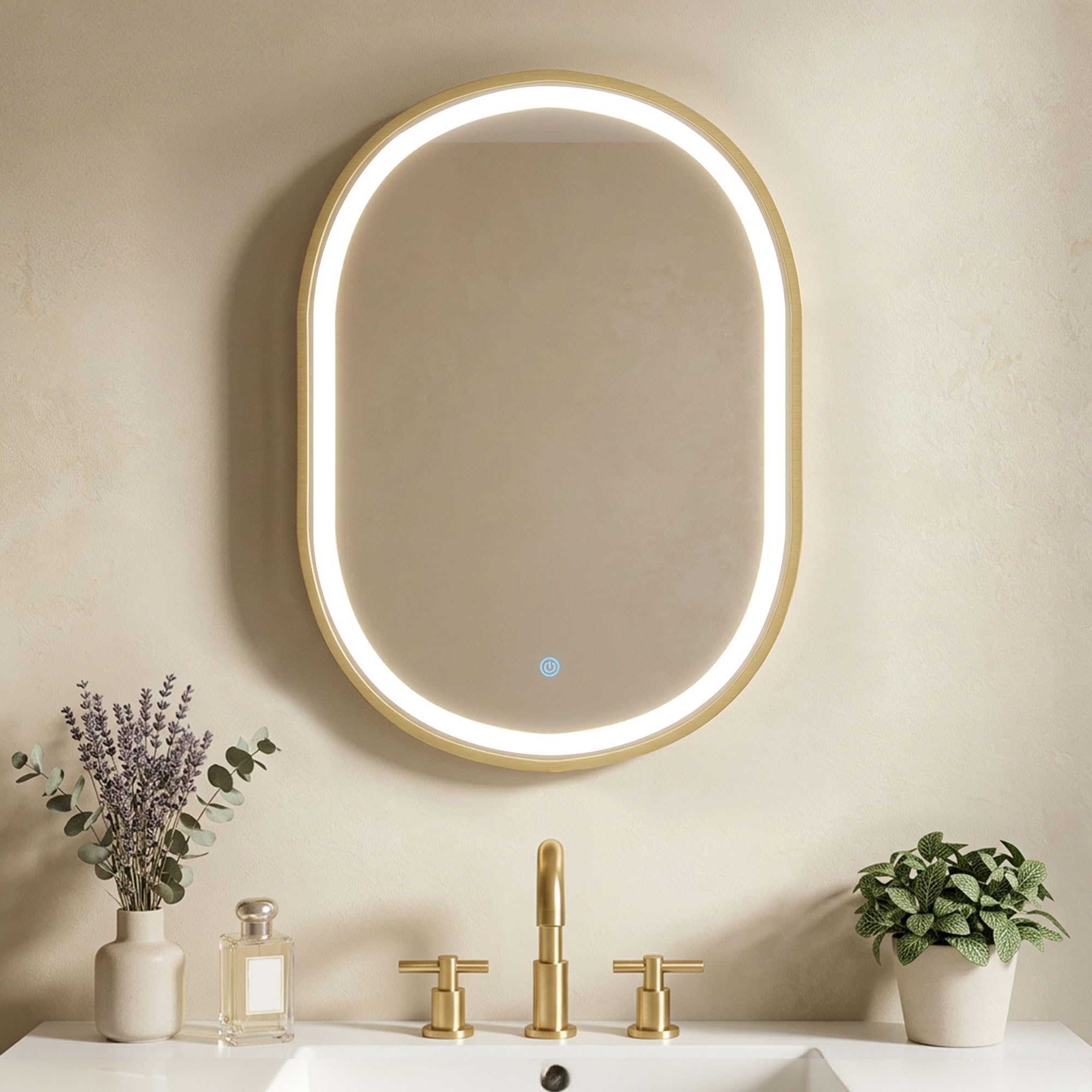 HOMCOM Armoire Murale Salle de Bain avec Miroir et Éclairage LED, 50x14,5x70cm, Meuble Salle de Bain à Porte Ovale Alliage d'Aluminium, Anti-Buée, 3 Températures de Lumière, Étagères Réglables, Doré