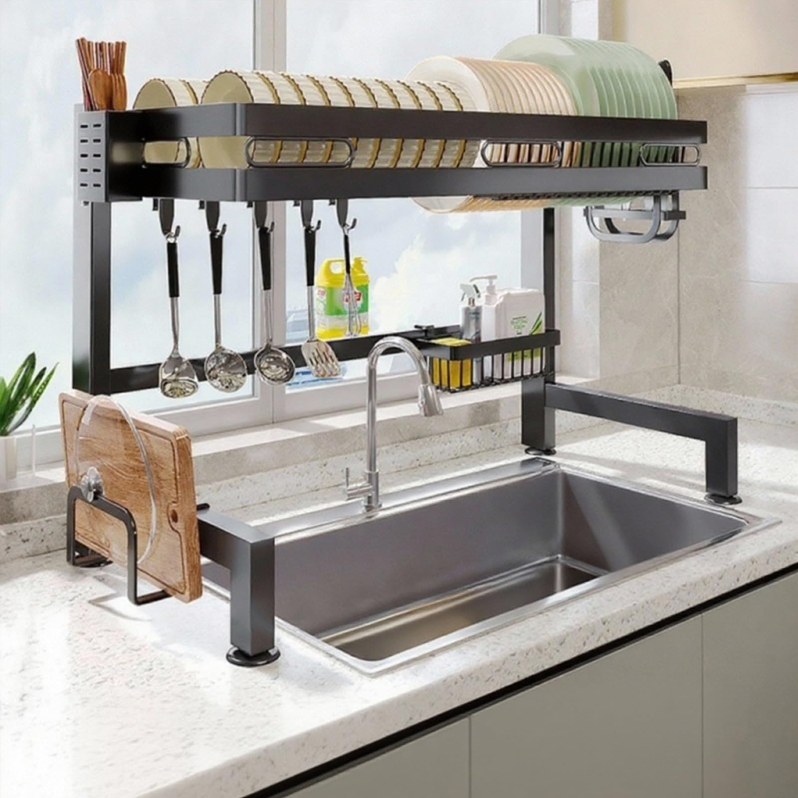 Égouttoir à vaisselle peu encombrant pour évier – Grand organisateur de comptoir de cuisine pour assiettes, casseroles, bols et tasses avec porte-couverts – Solution de rangement compacte de 85,1 cm