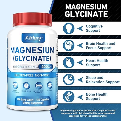 Miniatura 3 de Airboy Glicinato de magnesio 200 mg, el mejor glicinato de magnesio para dormir, 120 cápsulas pequeñas veganas, alta absorción apoyo relajación,