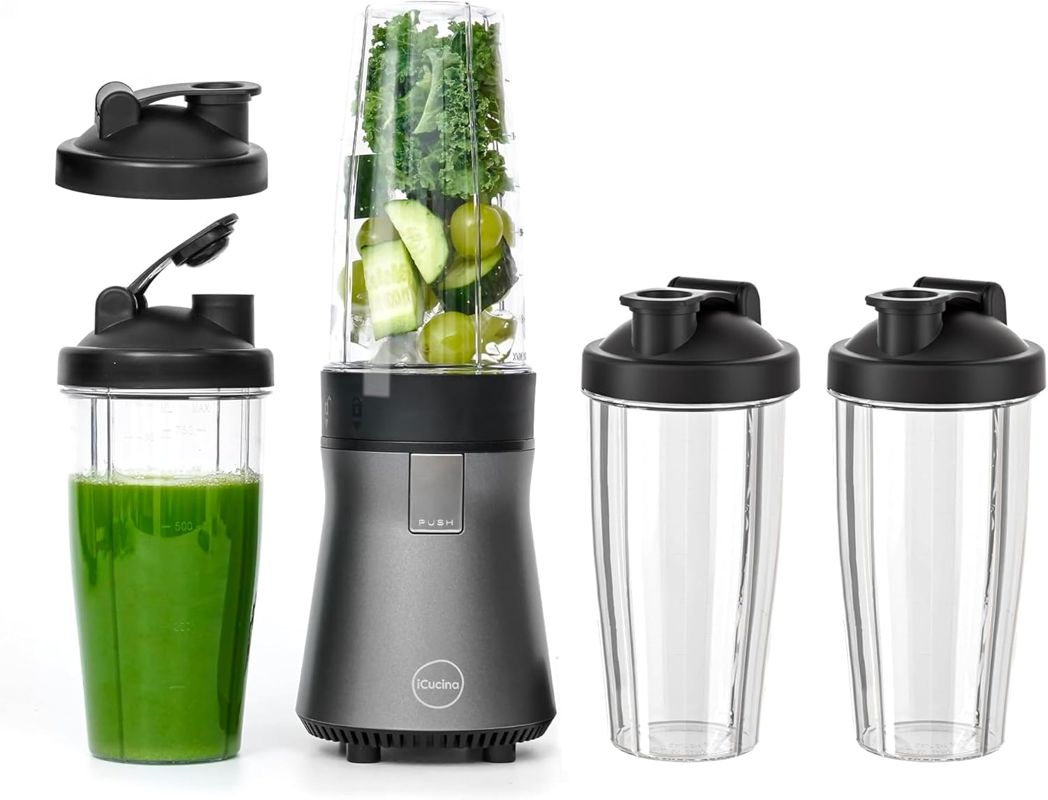 iCucina Blenders for Smoothies and Shakes, 4 * 28 oz To-Go Portable Cups with Lids, Easy to Clean