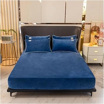 Fitted Bed Sheet 3 Pieces Soft Velvet Fitted Sheet with Elastic Bands Non Slip Adjustable Mattress Covers for Single Double King Queen Bed 160x200cm for Home HotelBlue,90x200cm