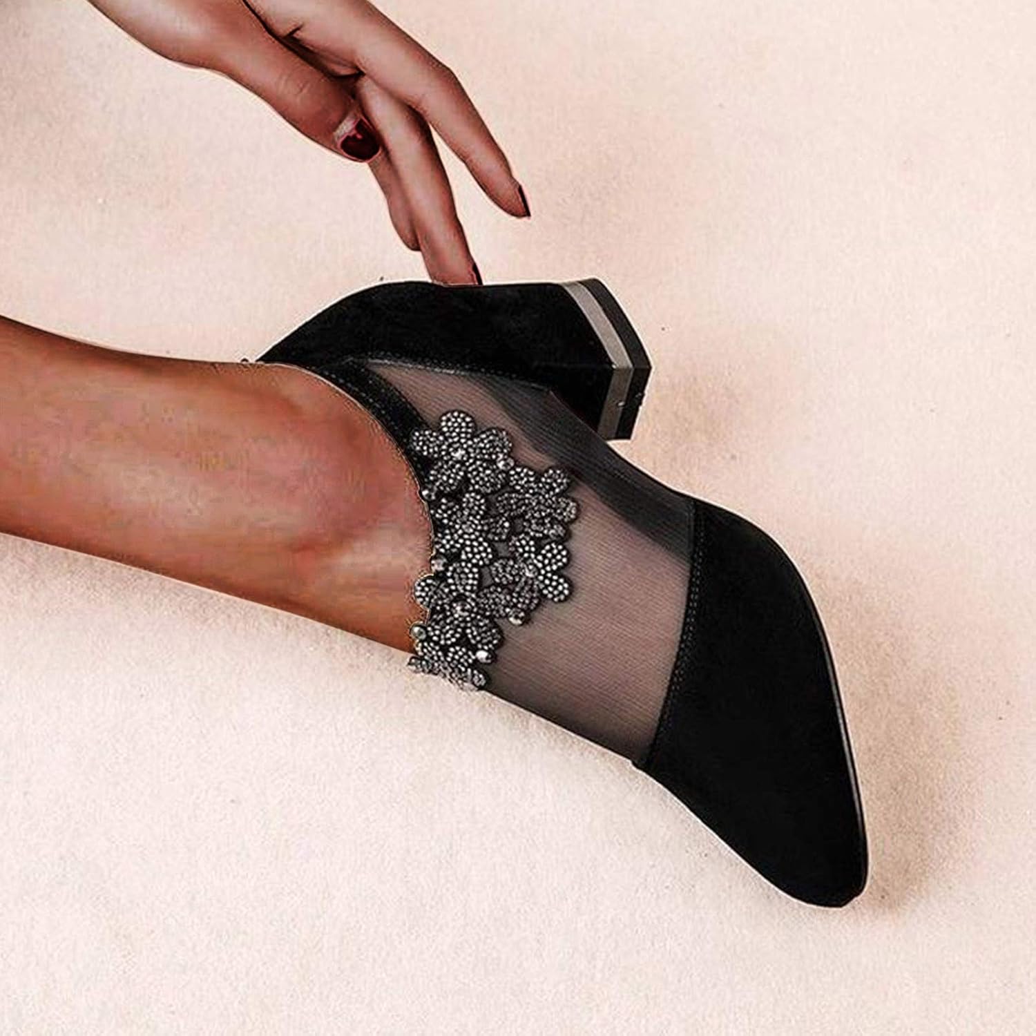 Ankle Boots For Women, Ladies Black Sheer Lace Flower Rhinestones Suede Cutout Pointed Toe Dress Boots Block Stacked Chunky Heel Side Zipper Booties Back Ballet Flats For Wedding (Black, 8.5)