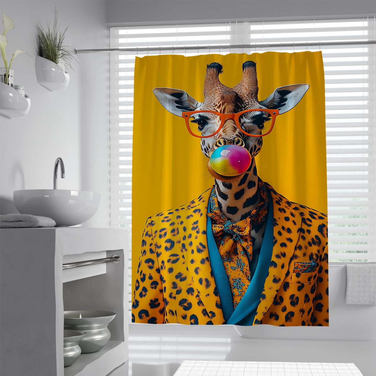 UIRINGART Funny Giraffe Shower Curtain W120xL180cm Quick Dry Anti Mould Yellow Safari Animal Glasses Leopard Suit Fabric Bath Curtains Rustproof Grommets Tub Liners