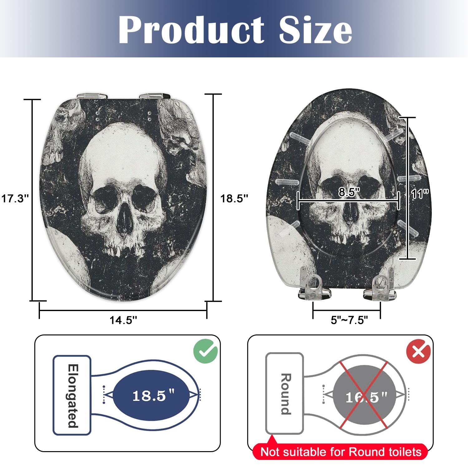 Asiento de inodoro alargado de resina con diseño de calavera para uso en el