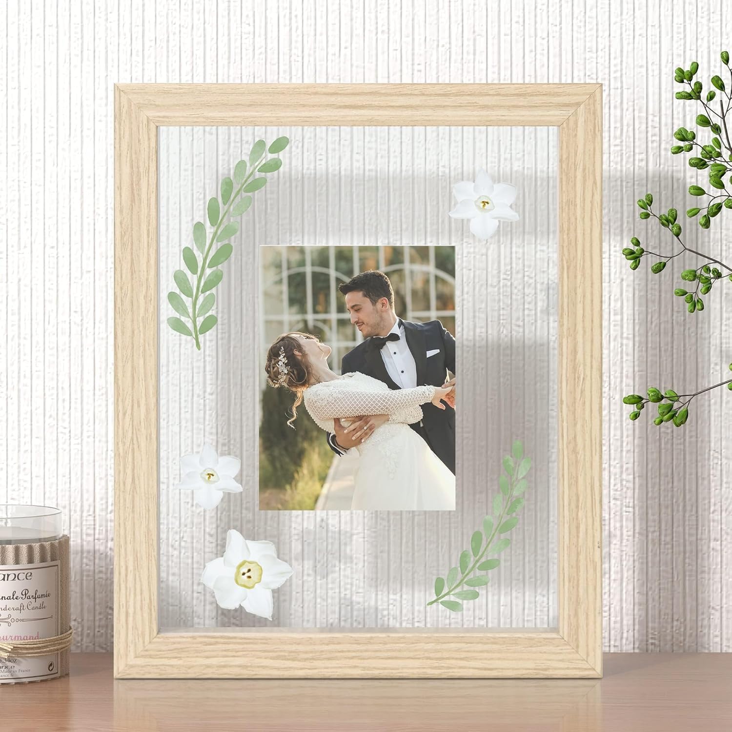 SUMGAR Doppio Vetro Cornice Foto 20x25 Fluttuante Legno Naturale Set da 2 | Set da 2 con doppio vetro effetto sospeso e clip incluse, adatto a foto o fiori secchi, da tavolo o parete
