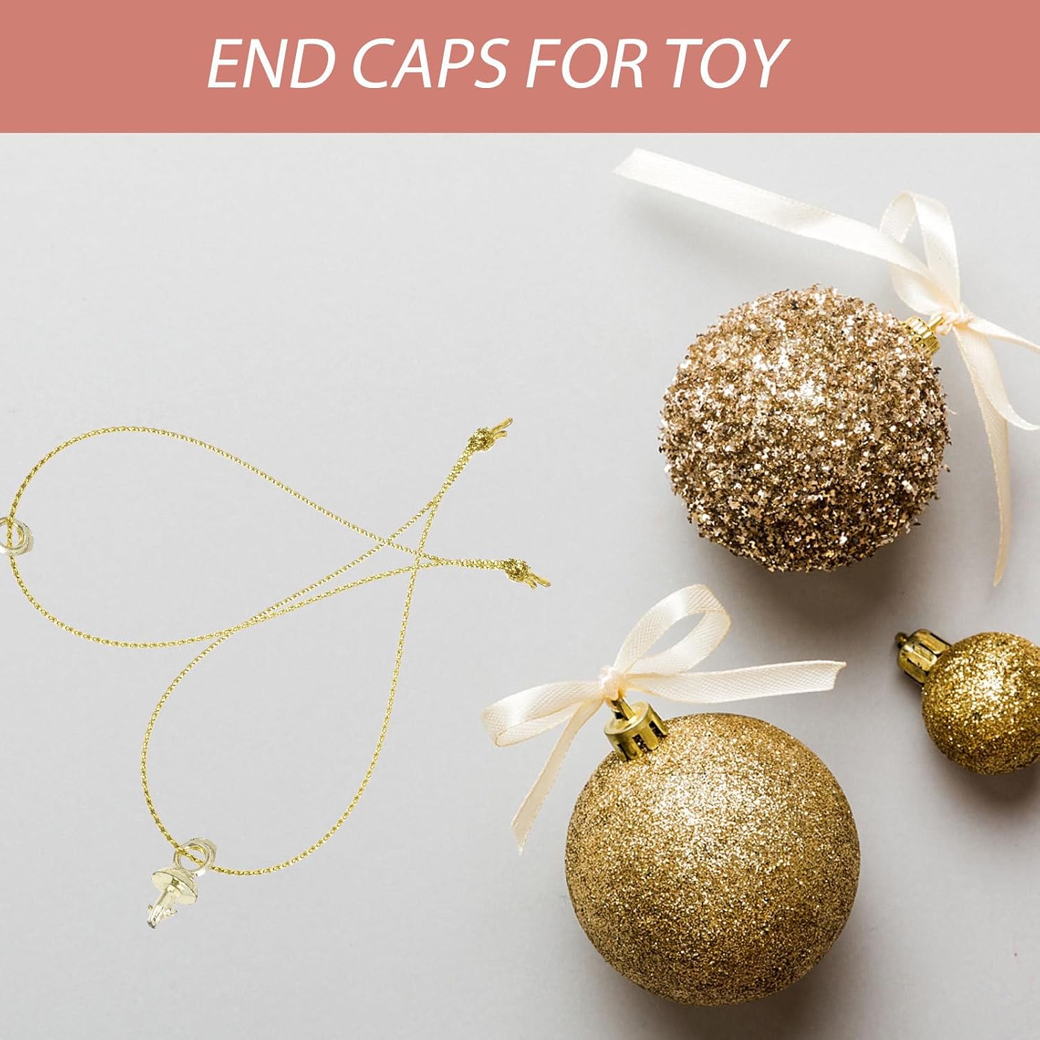 SUPVOX 100pcs Golden Plastic Ball Pendant End Caps with Rope for DIY Crafts, Lightweight and Sturdy Hanging Ornaments, Easy to Use and Reusable Accessories for Christmas Ball Parts