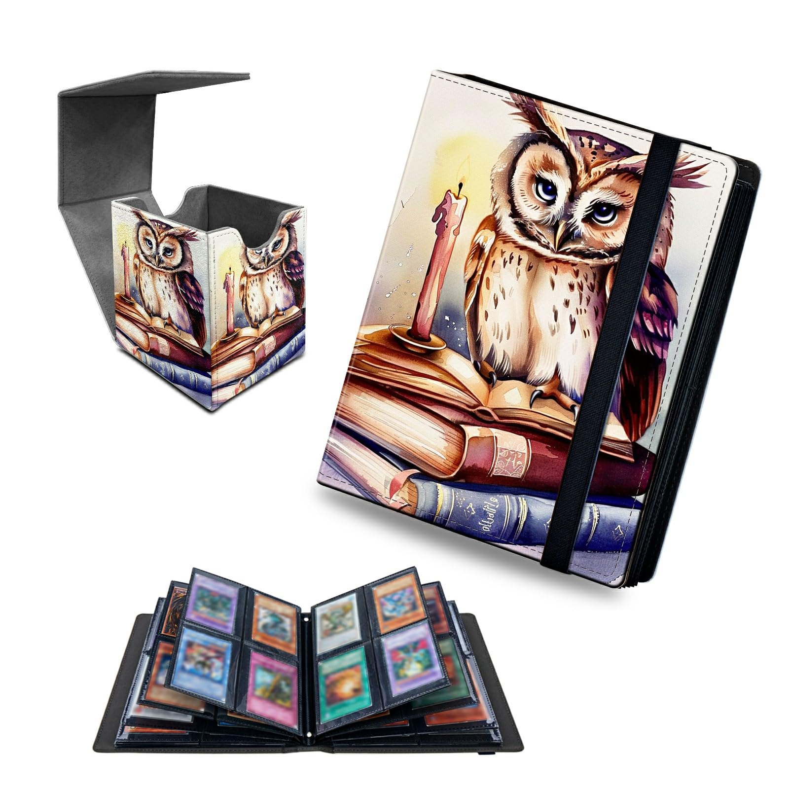 RWUTYTIUL Book Owl 4 Pocket Trading Cards Album + MTG Commander Deck Box, Trading Card Binder Holder with 240 Card Protector, Expandable PU Card Book Collectable Board Game Magic Card Binder