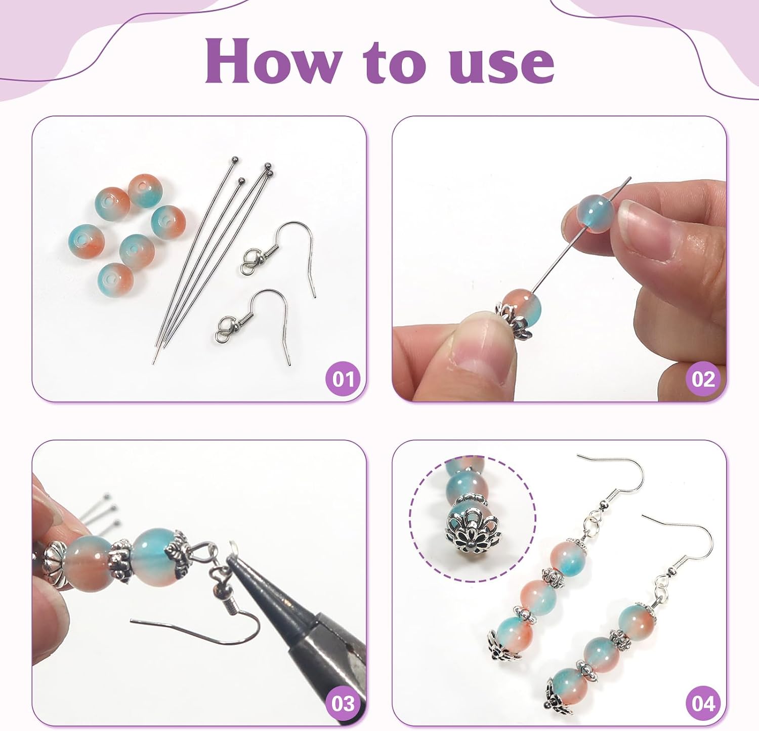 TOAOB 200pcs 50mm Silver Stainless Steel Ball Pins with 10 Styles Spacer Beads Head Pins for DIY Craft Earring Bracelet Necklace Pendant Supplies Jewelry Making