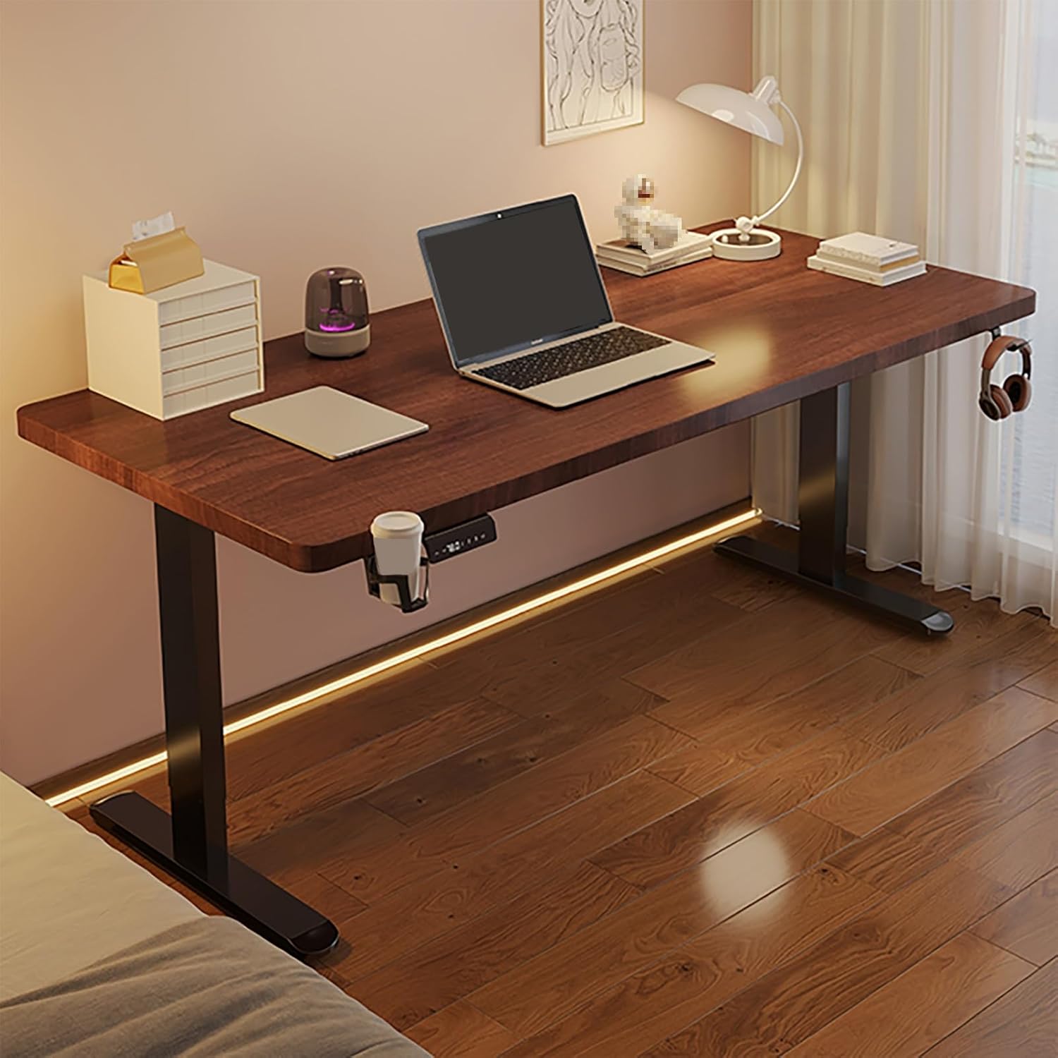 Standing Desk Adjustable Height Stand Up Desk Computer Desk with Cup Holder and Headphone Hook Thickened Steel Frame