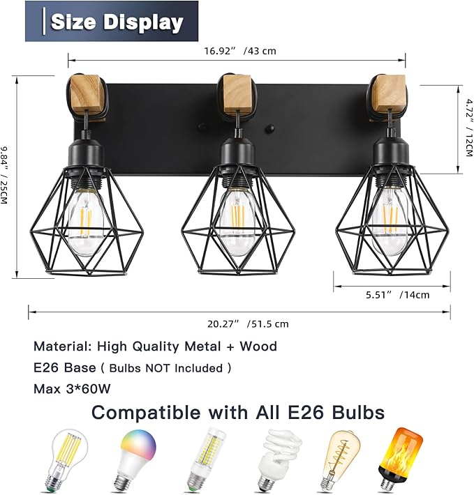 maesta 3-Light Farmhouse Bathroom Vanity Light Fixtures, Wood Bathroom Light Fixtures Over Mirror, Rustic Sconces Wall Lighting with Elegant Metal Lampshade for Living Room, Bedroom, Hallway photo 3